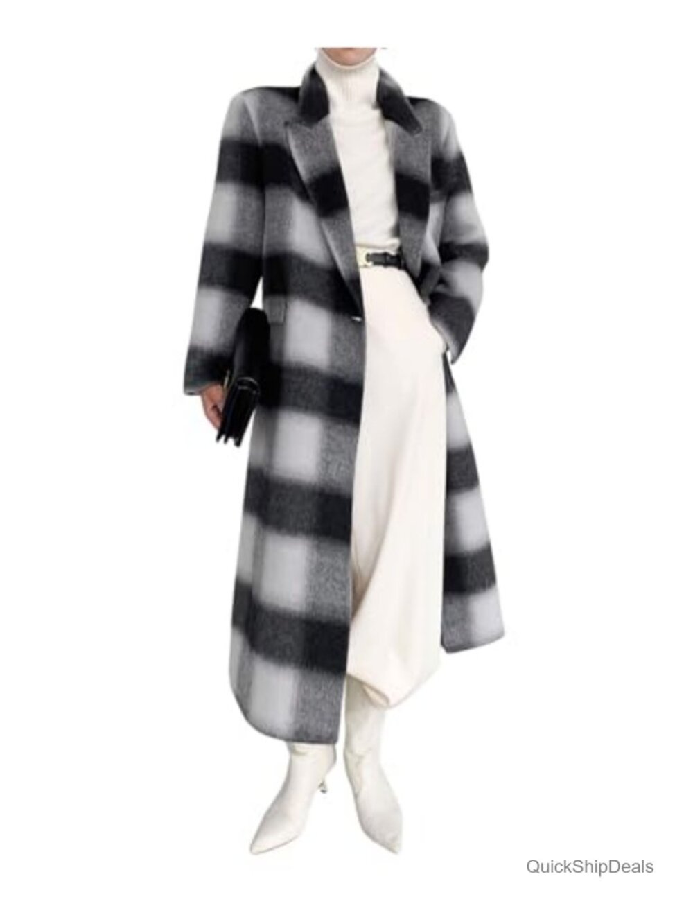 Women's Plaid Wool Long Pea Coat Double Breasted Lapel Blazer Trench Overcoat